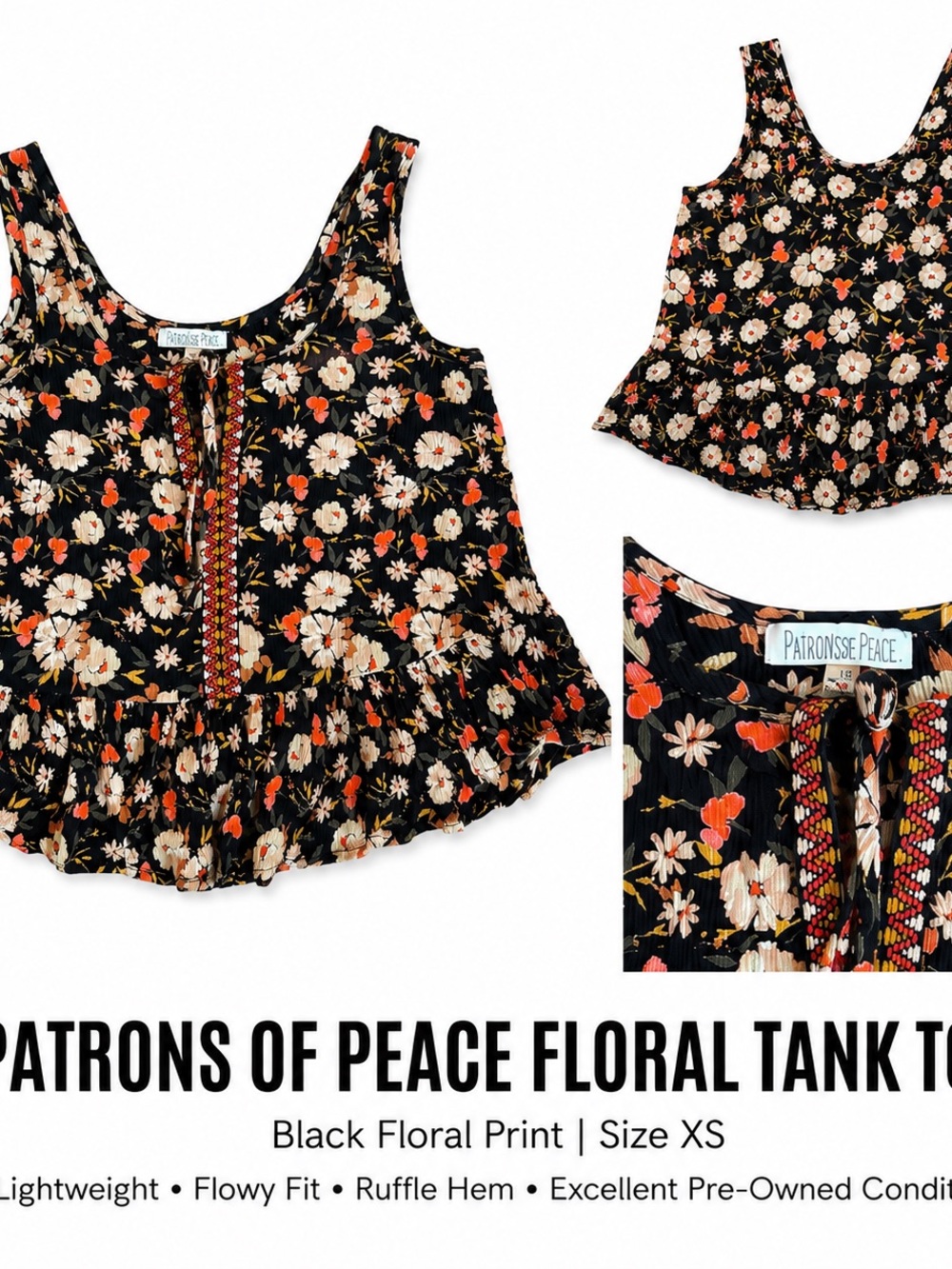 Patrons of Peace Black Floral Ruffle Tank with Orange and Cream Flowers